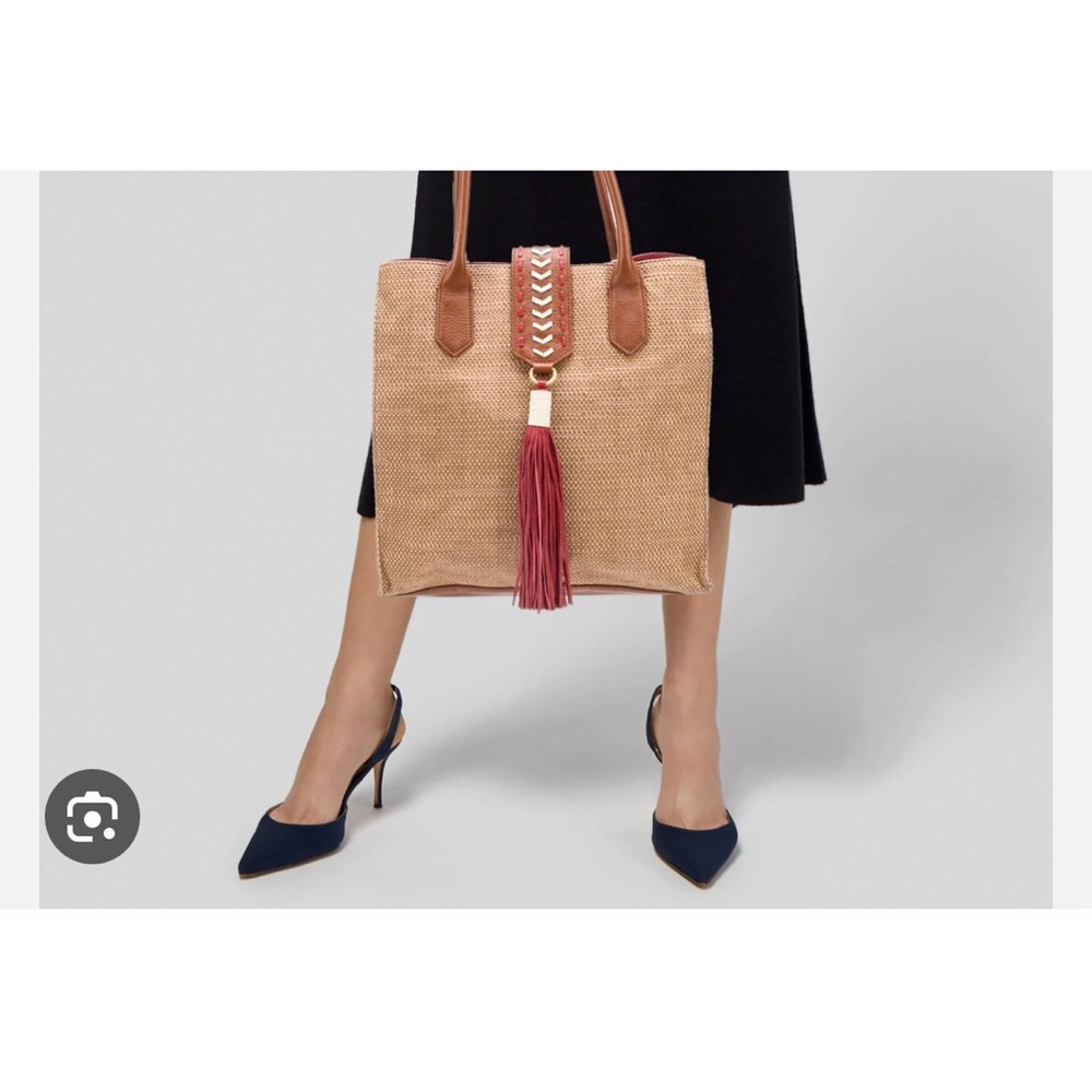 Badgley Mischka Large Straw & Leather Tote Tan / Red Trim